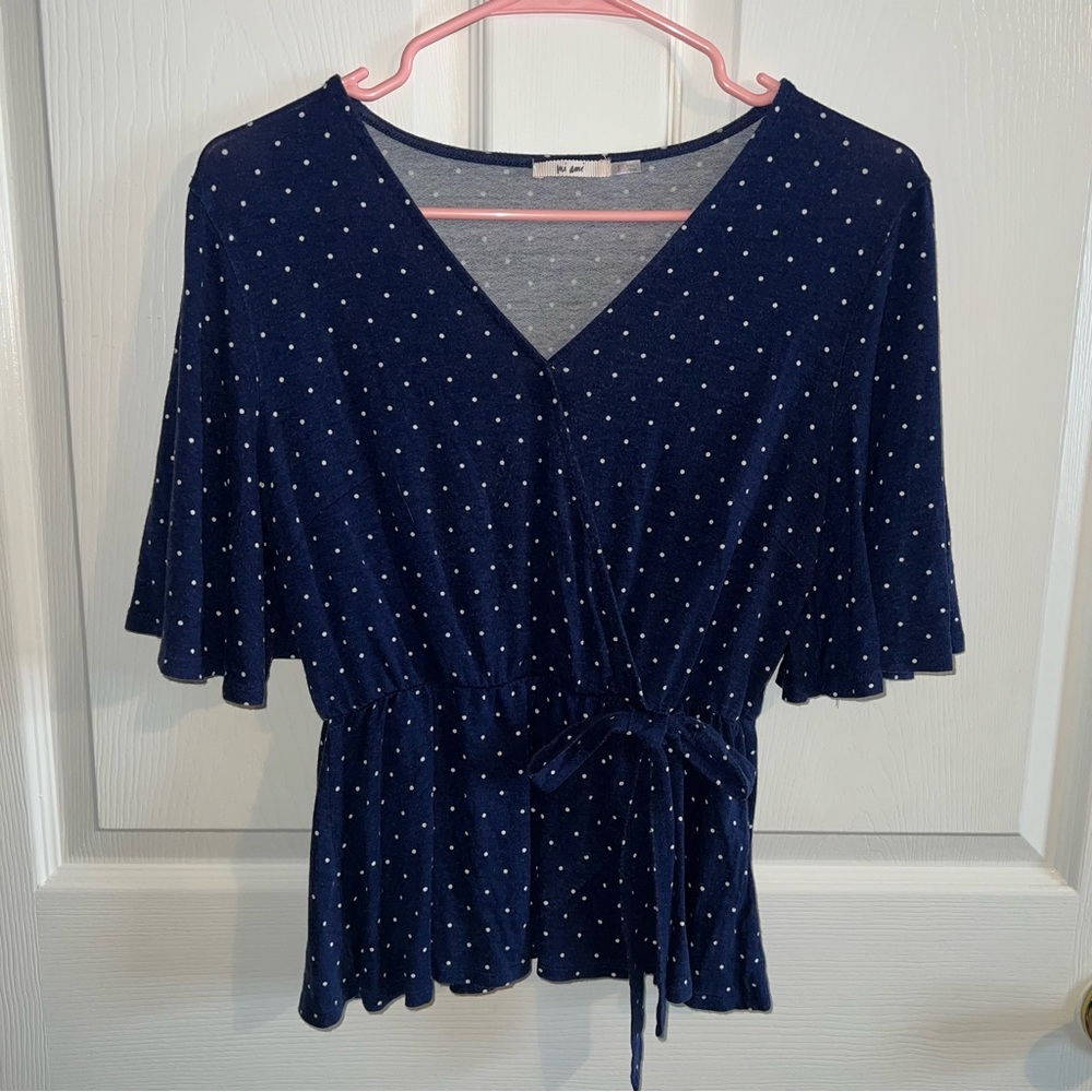 🍀4 for 25🍀 Mi Ami | Blue and White Polka Dot Shirt